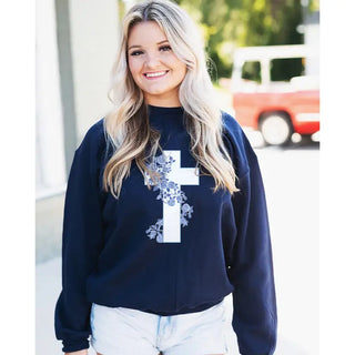 Blue Floral Cross Sweatshirt Faith Christian Cozy Pullover #HPSW-NAVY-CRS24 - Graphic Sweatshirt - Women’s