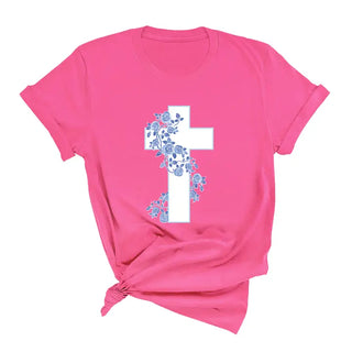 Blue Floral Cross T Shirt Faith Christian Graphic Unisex Tee #HPTS-CRS24 - Screen Printed T-Shirt - Women’s