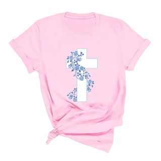 Blue Floral Cross T Shirt Faith Christian Graphic Unisex Tee #HPTS-CRS24 - Screen Printed T-Shirt - Women’s
