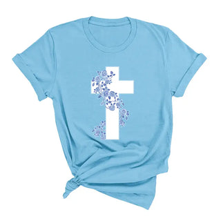 Blue Floral Cross T Shirt Faith Christian Graphic Unisex Tee #HPTS-CRS24 - Screen Printed T-Shirt - Women’s