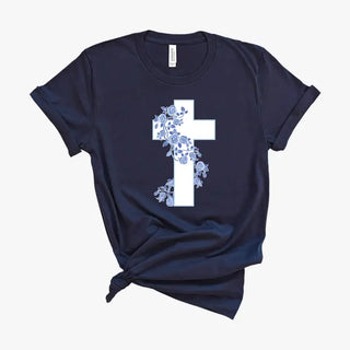 Blue Floral Cross T Shirt Faith Christian Graphic Unisex Tee #HPTS-CRS24 - Screen Printed T-Shirt - Women’s