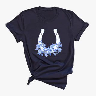 Blue Floral Horseshoe T Shirt Lucky Western Graphic Navy Tee #HPTS-NAVY-BLUHS - Screen Printed T-Shirt - Women’s