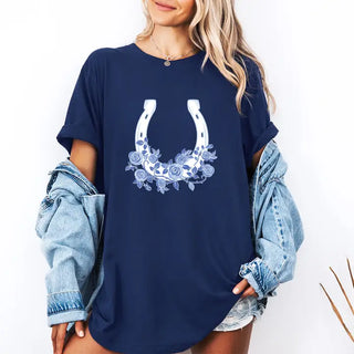 Blue Floral Horseshoe T Shirt Lucky Western Graphic Navy Tee #HPTS-NAVY-BLUHS - Screen Printed T-Shirt - Women’s
