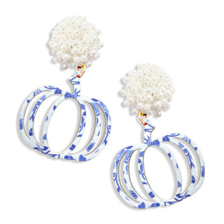 Blue Floral Pumpkin Earrings #ACE-491PRL-PUM-BLUFLR - Dangle Earrings