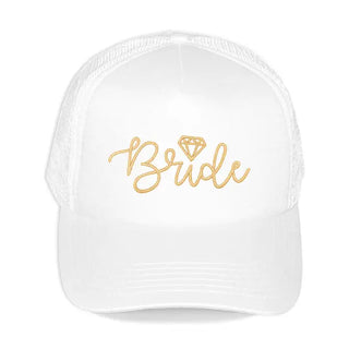 Bride Embroidered White Hat Gold Wedding Trucker Cap for Brides #M197VL-BRIDE23 - White - Baseball Cap - Women’s