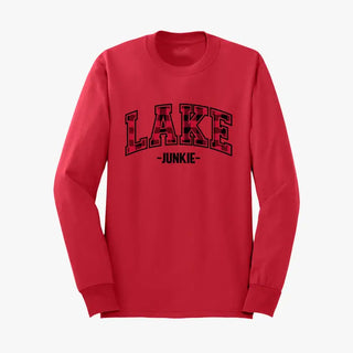 Buffalo Check Lake Junkie Long Sleeve Shirt Cozy Lake Life Tee #HPLS-RED-BCHLAKEJ - Large - Screen Printed T-Shirt