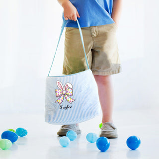 Bunny Bow - Blue Striped Seersucker Bucket Tote #M955SSU-P-BUNNYBOW - Tote Bag - Kids