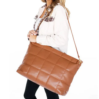 Camel Parker Puffy Tote Quilted Shoulder Bag Everyday Travel Purse #M706VL-CAMEL - Tote Bag - Women’s