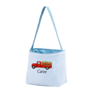 Carrot Truck - Blue Striped Seersucker Bucket Tote #M955SSU-P-TRUCK - Tote Bag - Kids