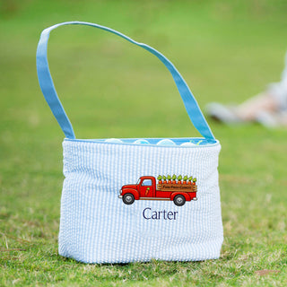Carrot Truck - Blue Striped Seersucker Bucket Tote #M955SSU-P-TRUCK - Tote Bag - Kids