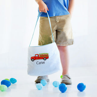 Carrot Truck - Blue Striped Seersucker Bucket Tote #M955SSU-P-TRUCK - Tote Bag - Kids