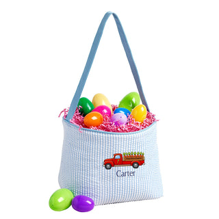 Carrot Truck - Blue Striped Seersucker Bucket Tote #M955SSU-P-TRUCK - Tote Bag - Kids