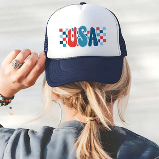 Checkered USA Trucker Hat Patriotic Mesh Baseball Cap for Women #L197-SMCHKUSA24 - Trucker Hat - Women’s