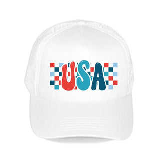 Checkered USA Trucker Hat Patriotic Mesh Baseball Cap for Women #L197-SMCHKUSA24 - White - Trucker Hat - Women’s