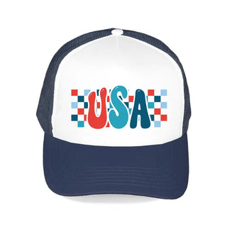 Checkered USA Trucker Hat Patriotic Mesh Baseball Cap for Women #L197-SMCHKUSA24 - Navy - Trucker Hat - Women’s