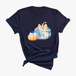 Chinoiserie Pumpkins T Shirt Blue Pumpkin Fall Graphic Tee #CHPUM - Screen Printed T-Shirt - Women’s