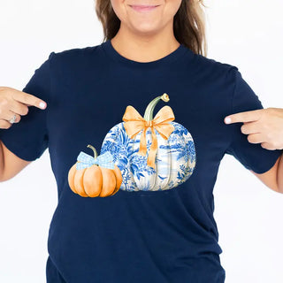 Chinoiserie Pumpkins T Shirt Blue Pumpkin Fall Graphic Tee #CHPUM - Screen Printed T-Shirt - Women’s