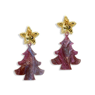 Christmas Tree Earrings Violet Marble Holiday Statement Jewelry #ACE-896STR-TREE-VCM - Dangle Earrings