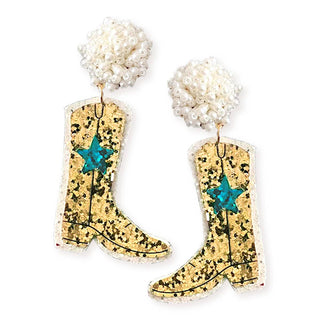 Cowboy Boot Earrings Glitter Western Cowgirl Nashville Jewelry Gift #VLJE308 - Gold - Dangle Earrings