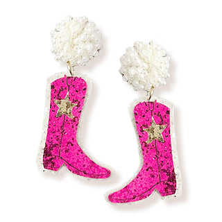 Cowboy Boot Earrings Glitter Western Cowgirl Nashville Jewelry Gift #VLJE308 - Hot Pink - Dangle Earrings