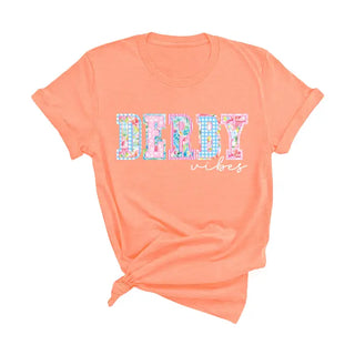 Derby Vibes Patchwork T Shirt Horse Racing Graphic Party Tee #DRBYVIBPWRK - Sunset / Small - T-Shirt (Graphic) - Women’s
