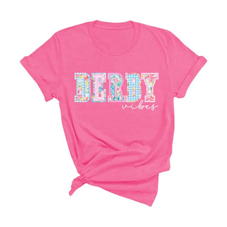 Derby Vibes Patchwork T Shirt Horse Racing Graphic Party Tee #DRBYVIBPWRK - Hot Pink / Small - T-Shirt (Graphic)