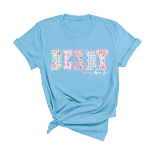 Derby Vibes Patchwork T Shirt Horse Racing Graphic Party Tee #DRBYVIBPWRK - Ocean Blue / Small - T-Shirt (Graphic)