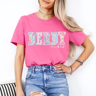 Derby Vibes Patchwork T Shirt Horse Racing Graphic Party Tee #DRBYVIBPWRK - T-Shirt (Graphic) - Women’s