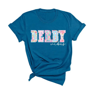 Derby Vibes Patchwork T Shirt Horse Racing Graphic Party Tee #DRBYVIBPWRK - Deep Teal / Small - T-Shirt (Graphic)