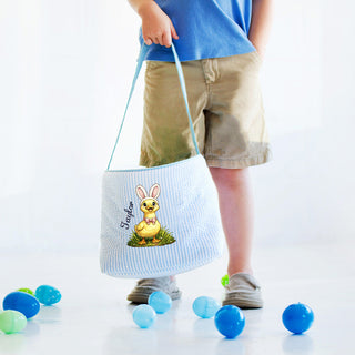 Easter Duck - Blue Striped Seersucker Bucket Tote #M955SSU-P-EDUCK - Tote Bag - Kids