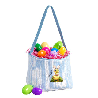 Easter Duck - Blue Striped Seersucker Bucket Tote #M955SSU-P-EDUCK - Tote Bag - Kids