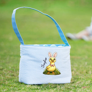Easter Duck - Blue Striped Seersucker Bucket Tote #M955SSU-P-EDUCK - Tote Bag - Kids