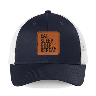 Eat Sleep Golf Patch Snapback Hat Golfing Baseball Cap for Unisex #L112-P702-ESG - Navy - Trucker Hat - Men’s
