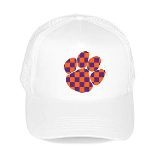 Orange & Purple Check Paw Trucker Hat #L197-WHT-SMCHKPAW