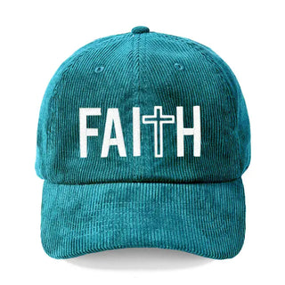 Faith Cross Corduroy Hat Christian Embroidered Cap for Women #M193VL-CORD-FTH - Teal - Baseball Cap - Women’s