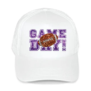 Faux Glitter Game Day Trucker Hat Sparkle Football Mesh Cap #L197-WHT-SMGLTGD - Purple - Trucker Hat - Women’s