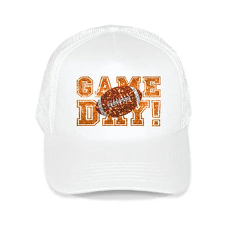 Faux Glitter Game Day Trucker Hat Sparkle Football Mesh Cap #L197-WHT-SMGLTGD - Orange - Trucker Hat - Women’s