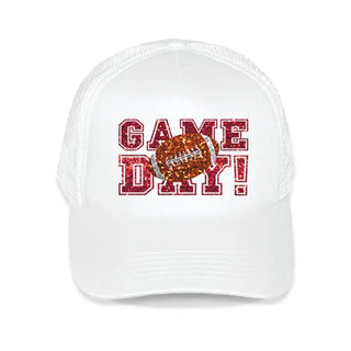 Faux Glitter Game Day Trucker Hat Sparkle Football Mesh Cap #L197-WHT-SMGLTGD - Red - Trucker Hat - Women’s