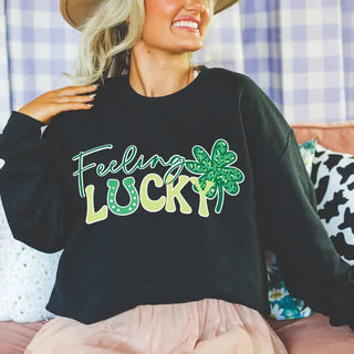Feeling Lucky Sweatshirt St Patricks Day Cozy Lucky Pullover #HPSW-LUCK25 - Graphic Sweatshirt - Women’s
