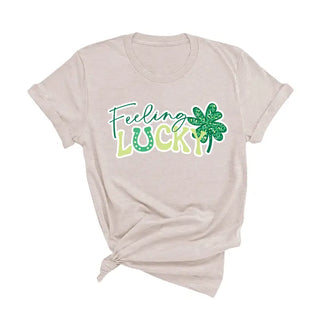 Feeling Lucky T Shirt Lucky Clover Graphic St Patricks Day Tee #HPTS-LUCK25 - Heather Natural / Large - T-Shirt