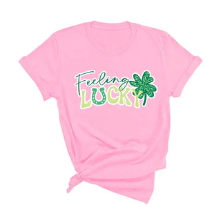 Feeling Lucky T Shirt Lucky Clover Graphic St Patricks Day Tee #HPTS-LUCK25 - Light Pink / Large - T-Shirt (Graphic)
