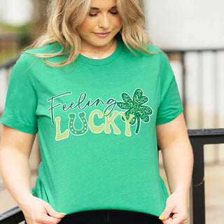 Feeling Lucky T Shirt Lucky Clover Graphic St Patricks Day Tee #HPTS-LUCK25 - T-Shirt (Graphic) - Women’s
