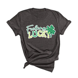 Feeling Lucky T Shirt Lucky Clover Graphic St Patricks Day Tee #HPTS-LUCK25 - Dark Grey / Large - T-Shirt (Graphic)