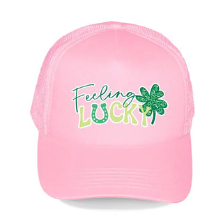 Feeling Lucky Trucker Hat St Patrick’s Day Mesh Cap Unisex #L197-SMLUCK25 - Light Pink - Trucker Hat - Women’s