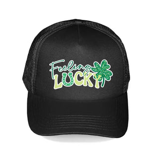 Feeling Lucky Trucker Hat St Patrick’s Day Mesh Cap Unisex #L197-SMLUCK25 - Black - Trucker Hat - Women’s