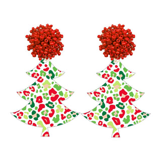 Festive Leopard Acrylic Christmas Tree Statement Earrings #ACE-3620RD-TREE-FEST - Dangle Earrings