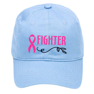 Fighter Pink Ribbon Embroidered Cotton Baseball Cap Cancer Support Hat #M190-FIGHTER - Light Blue - Baseball Cap
