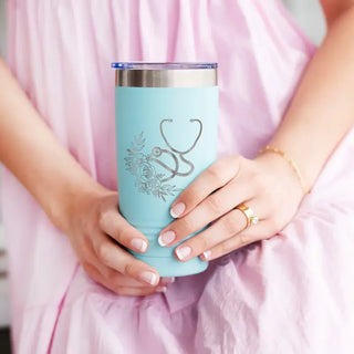 Floral Stethoscope Tumbler Teal 20oz Nurse Cup Healthcare Gift #TWB20-STETH-TEAL - Insulated Mug/Tumbler