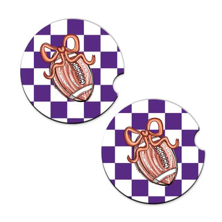 Football Bow Check Car Coaster 2 Pce Set Game Day Auto Accessory Gift #SPACK-CC132-FBBOW - Car Coaster - Women’s