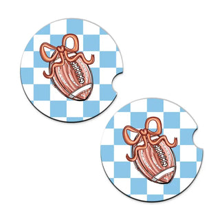 Football Bow Check Car Coaster 2 Pce Set Game Day Auto Accessory Gift #SPACK-CC132-FBBOW - Car Coaster - Women’s